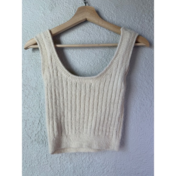 Lulus Cream Fuzzy Ribbed Knit Scoop Neck Cropped Tank Top Small Ivory Sleeveless - Picture 2 of 4